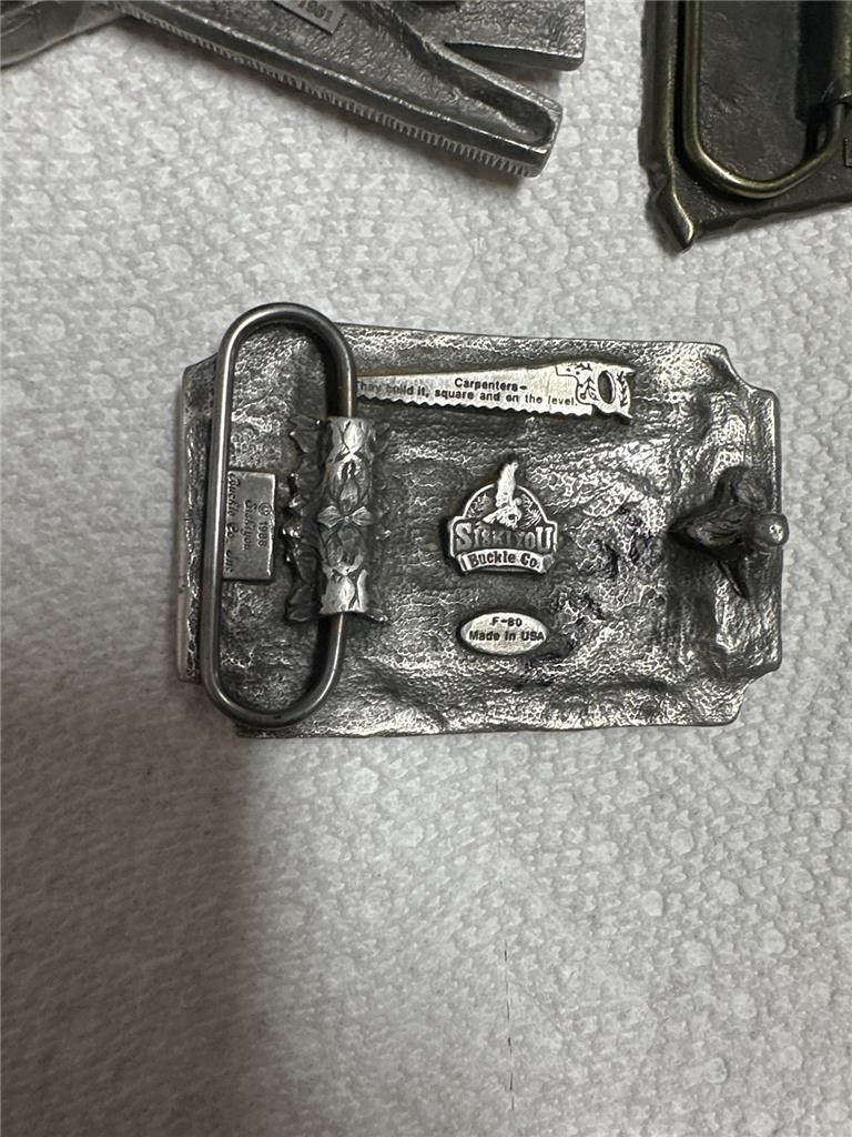 Three Vintage Carpenter Related Belt Buckles, Stanley, Tools, etc