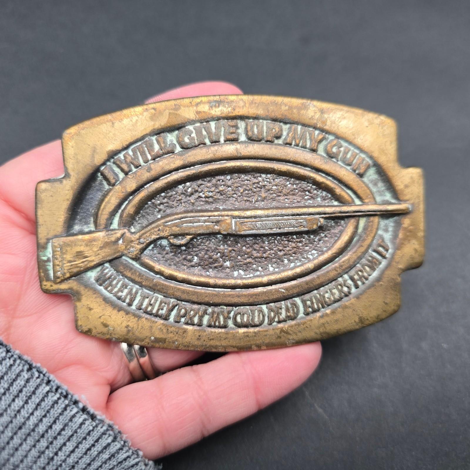 Vintage Brass Shotgun Belt Buckle Cold Dead Fingers Quote 268 Patina Mens