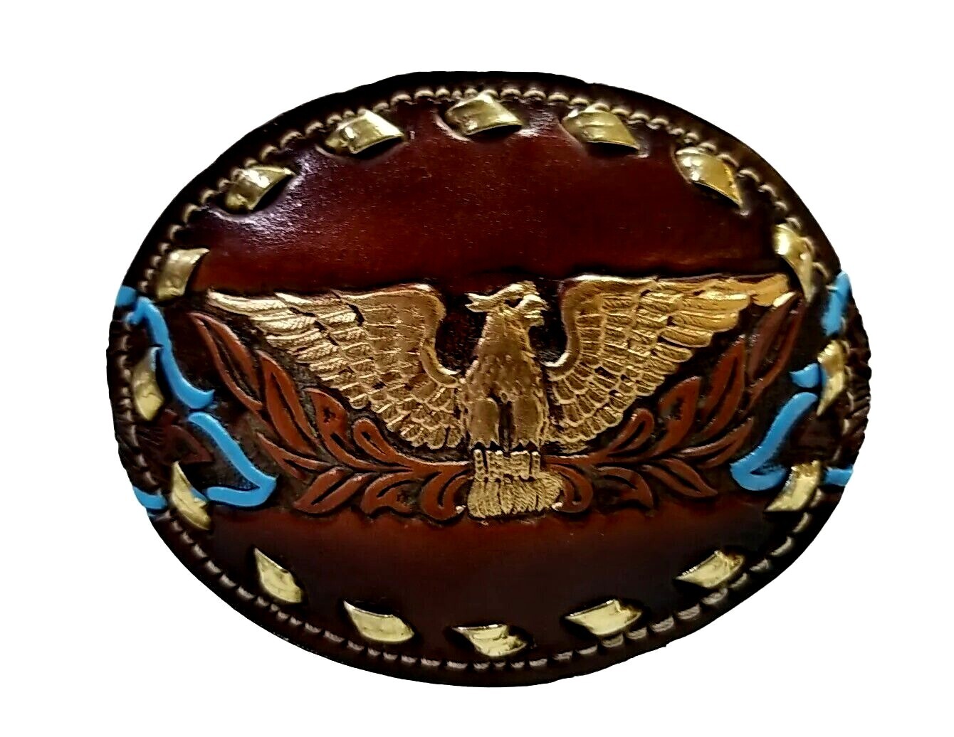 EAGLE Belt BUCKLE w/ GOLD BUCKSTITCHING Lg HANDMADE Brown LEATHER Western/Biker