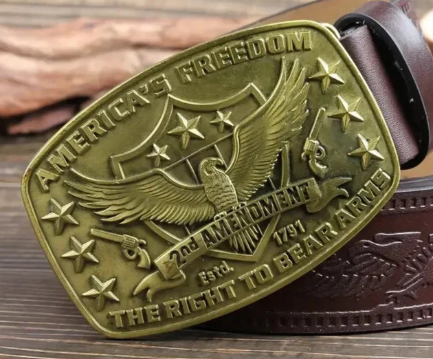 Antique BRONZE Metal Belt Buckle 2ND Amendment Right To Bear Arms Eagle Shield
