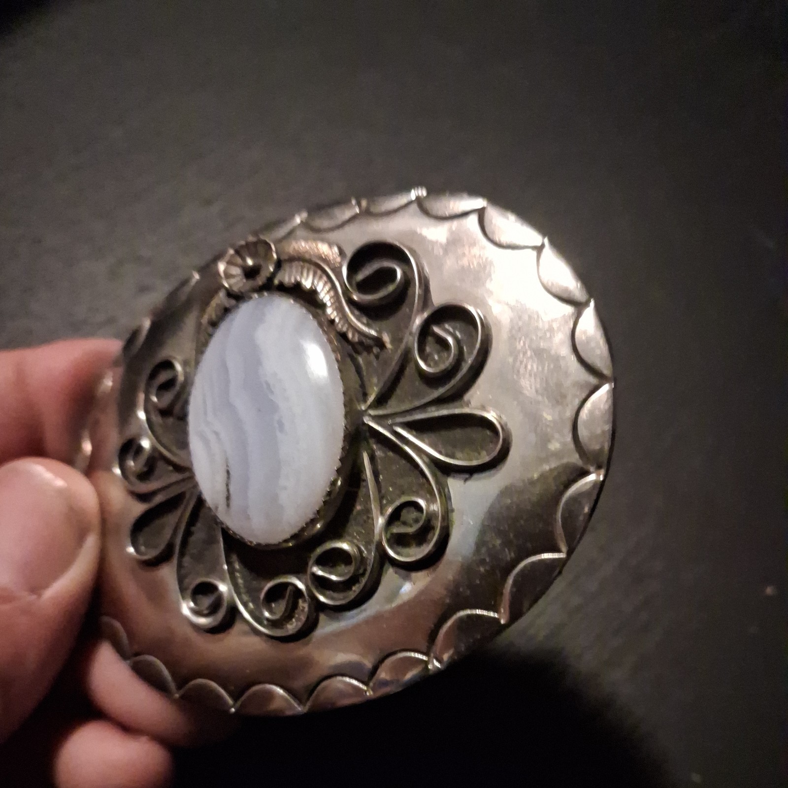 Vintage silver toned Belt Buckle with Cream Colored Stone nice rare