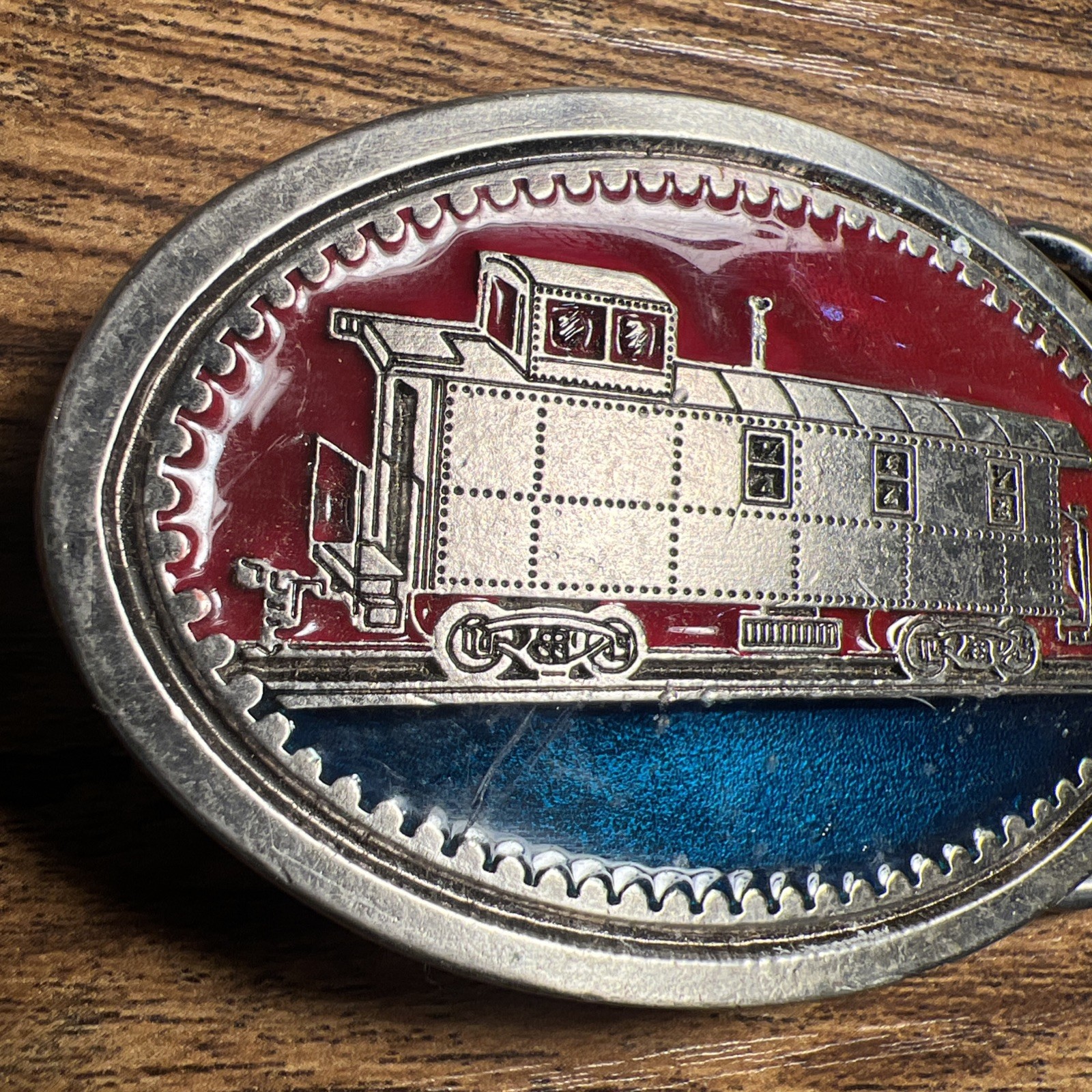 Vintage Belt Buckle Train Railroad Caboose American Red Metal Oval Engraved 2264