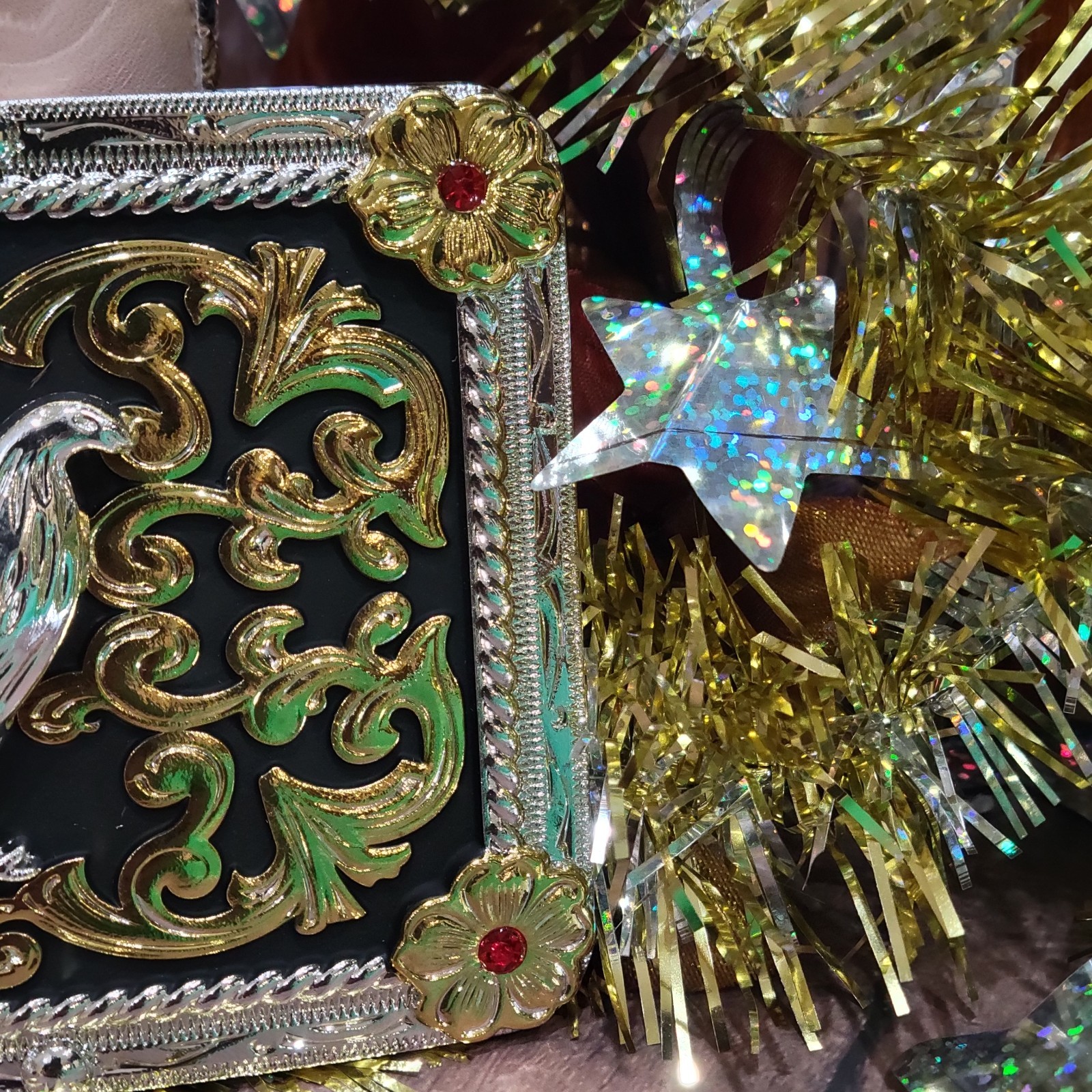 Rooster Western Belt Buckle Black Gold And Silver Rectangle For 2.0 Inch Belt