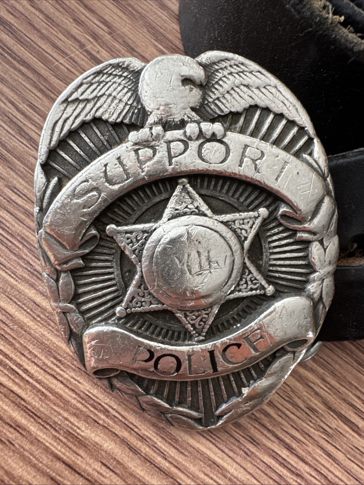 SUPPORT OUR POLICE BADGE BELT BUCKLE BERGAMOT PEWTER & ENAMEL US MADE Vtg
