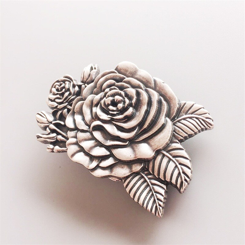 Vintage Silver Plated 3D Sculpt Western Rose Flower Belt Buckle