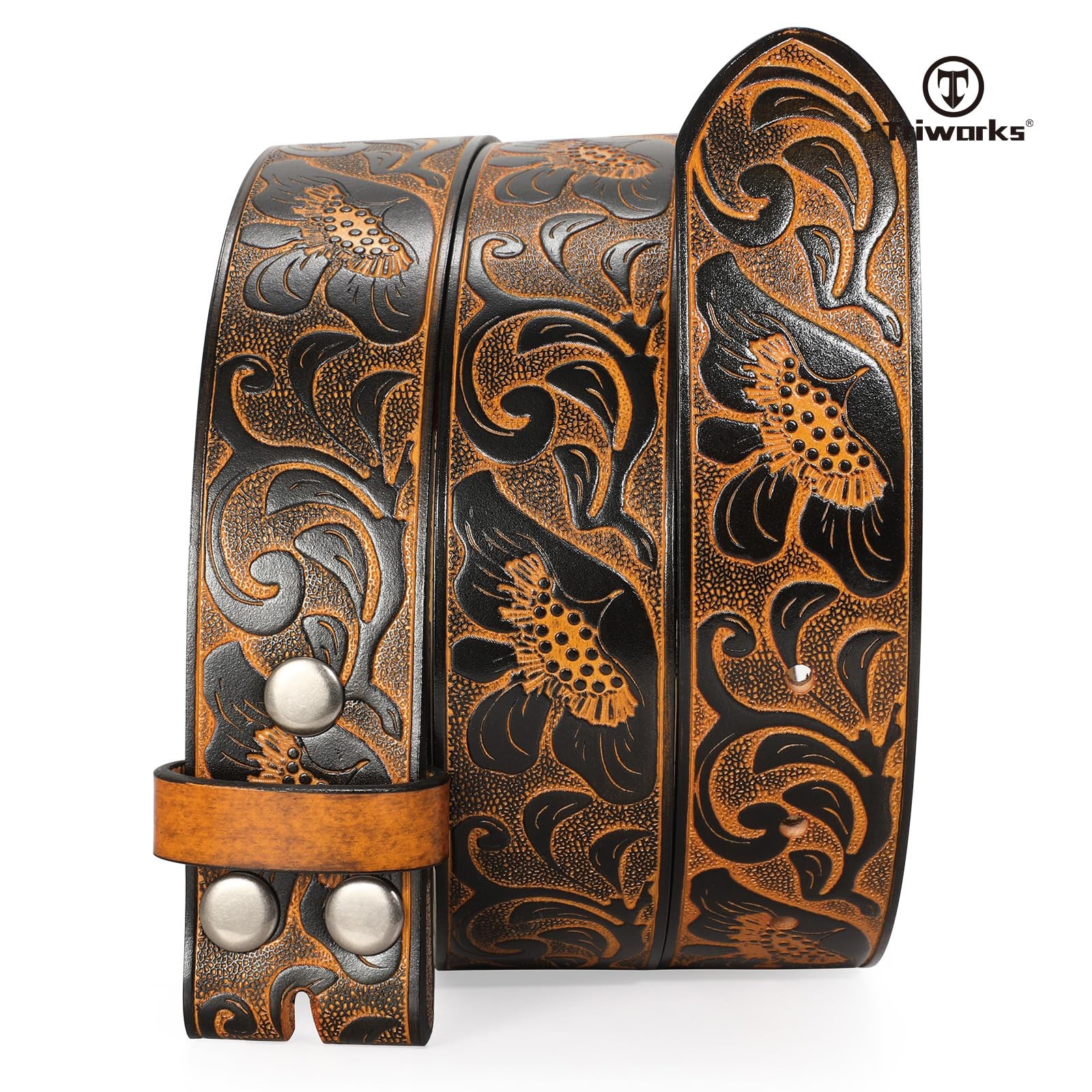 TRIWORKS Western Belt without buckle for men – Fit Size 34&Prime;-37&Prime;, Black/Brown