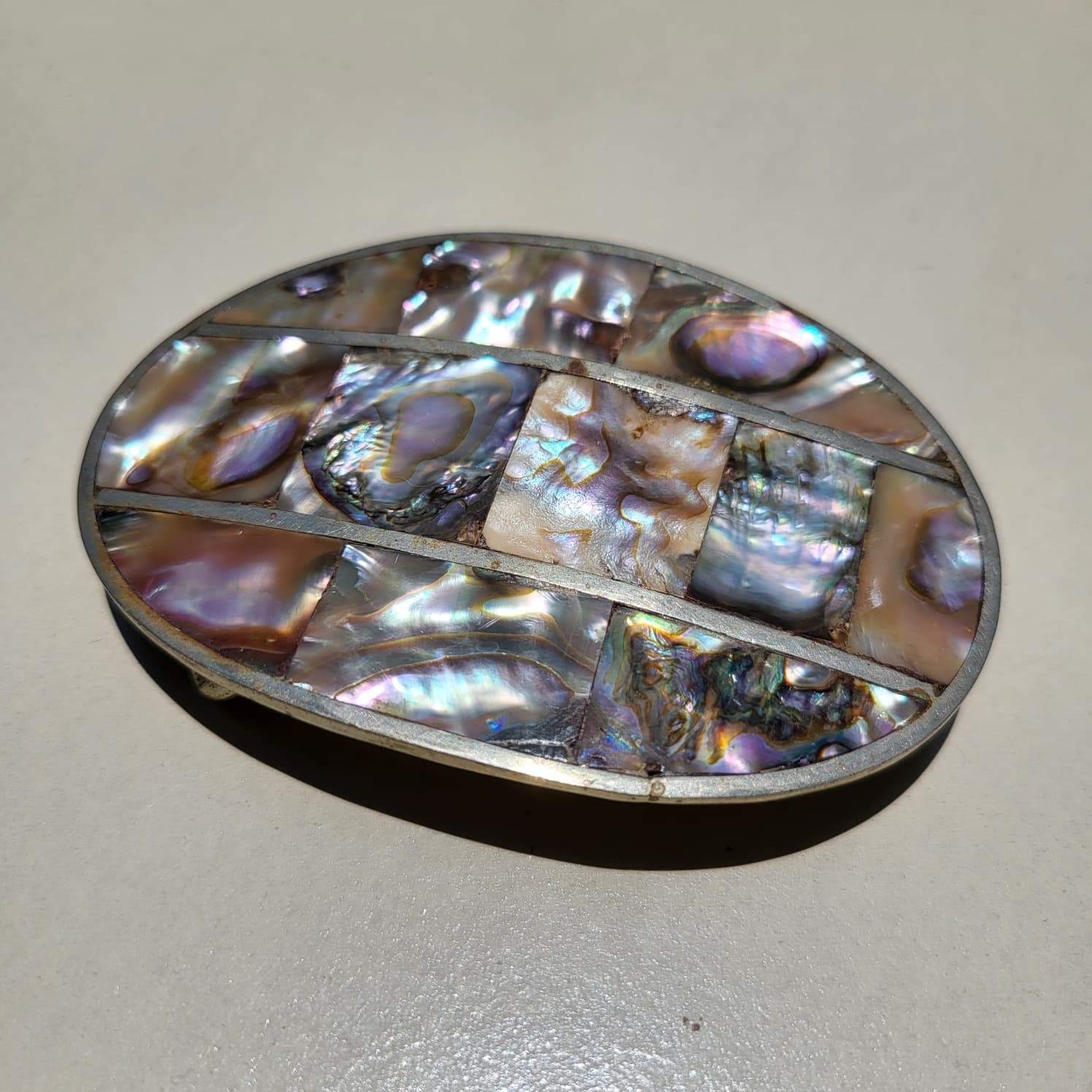 Vintage Alpaca Silver Abalone Shell Iridescent Mosaic Mexico Belt Buckle