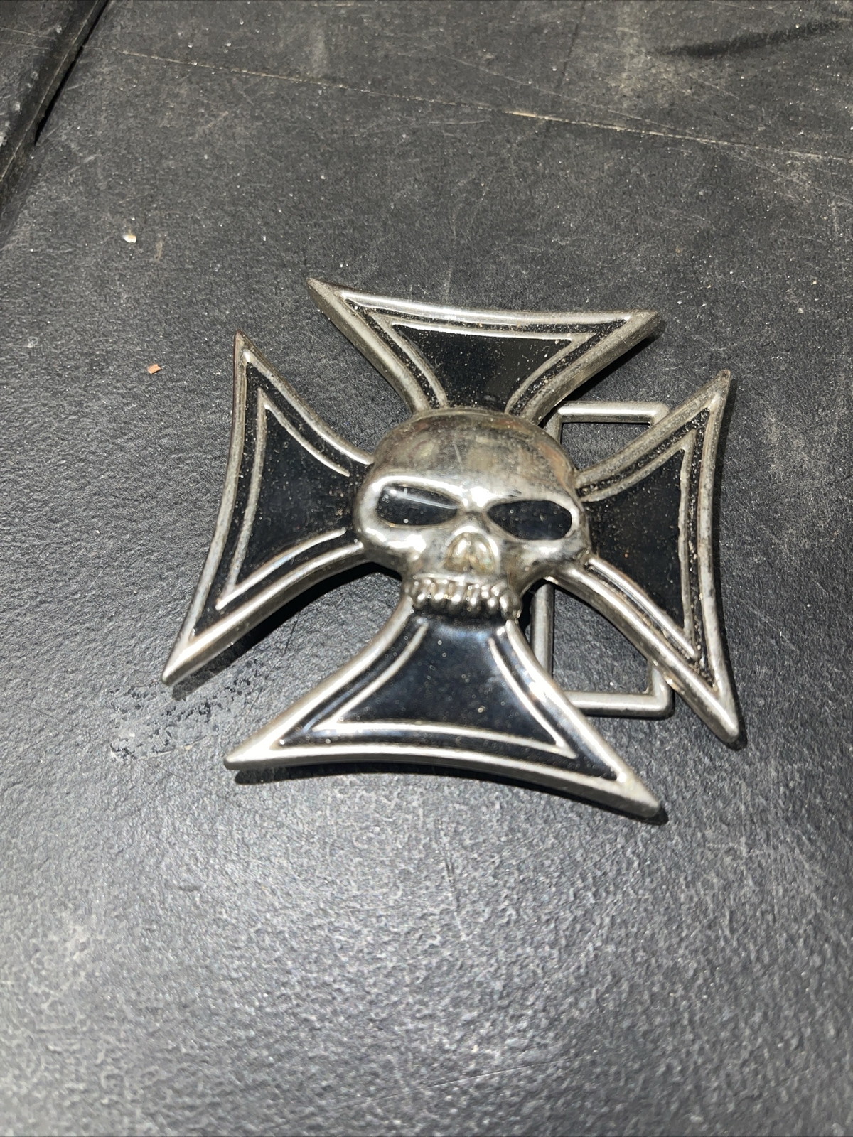 Black Iron Cross Skull Biker Belt Buckle