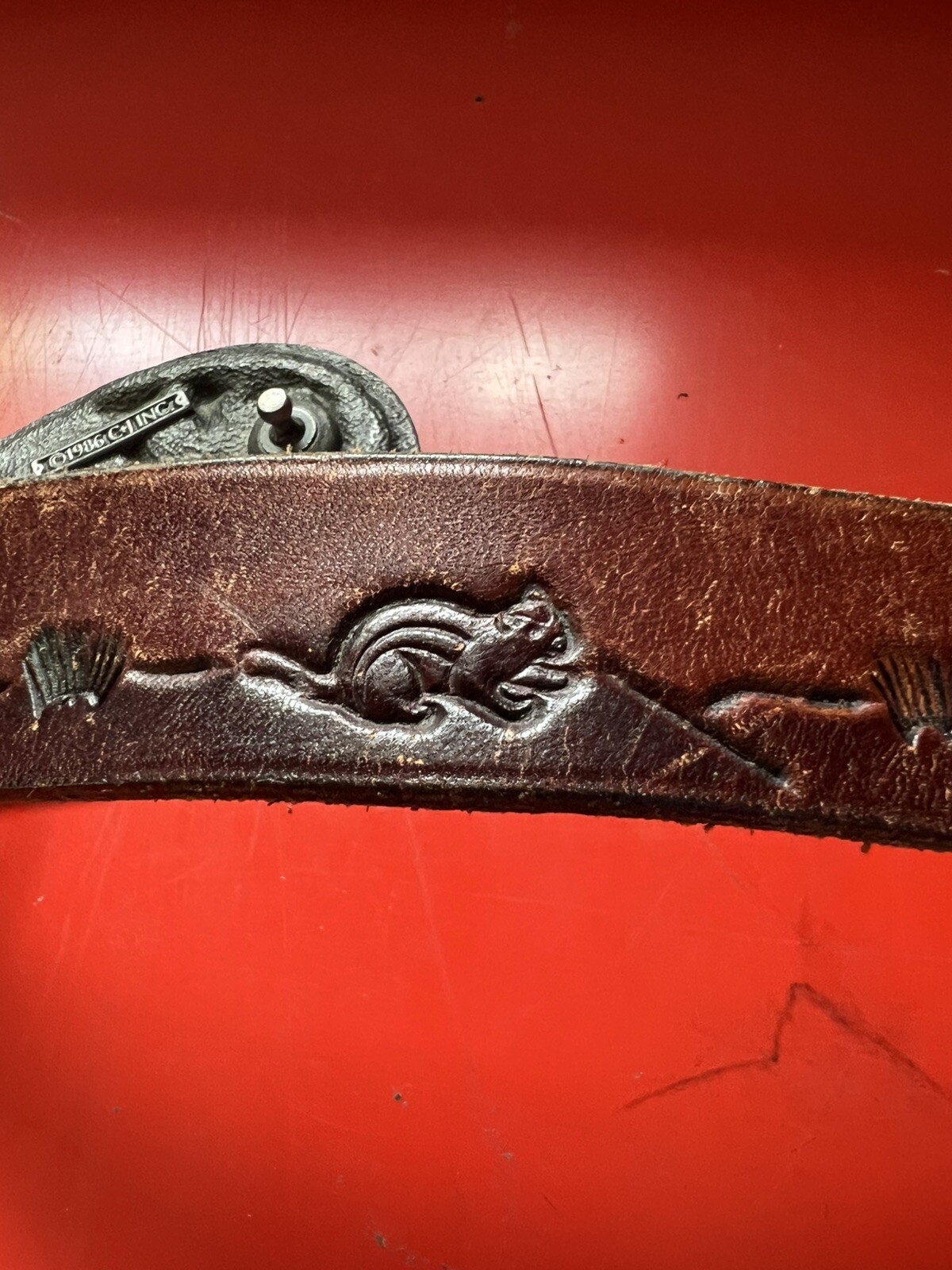 Country Music C & J Belt 1446 Enameled Metal Guitar Fiddle Banjo 1986 Leather