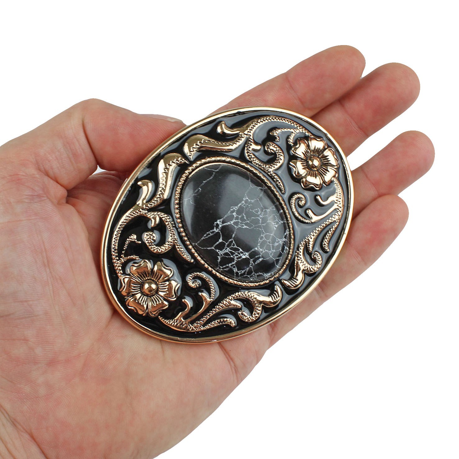 Western Belt Buckle Black Faux Oval Marble Stone Gold Floral Accents Enamel