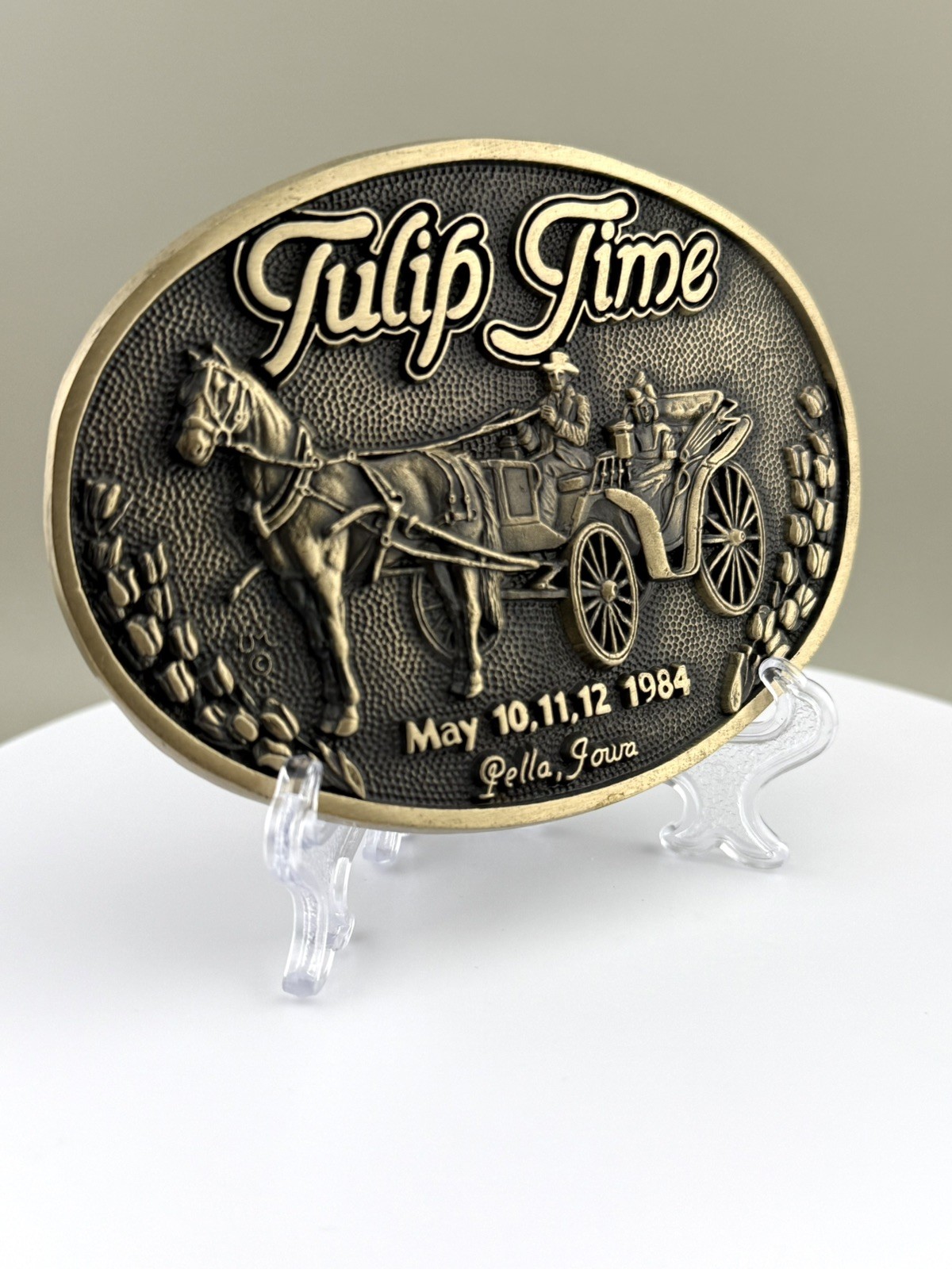 Tulip Time 1984 Horse Carriage Buggy Solid Brass Festival Buckle Limited Iowa