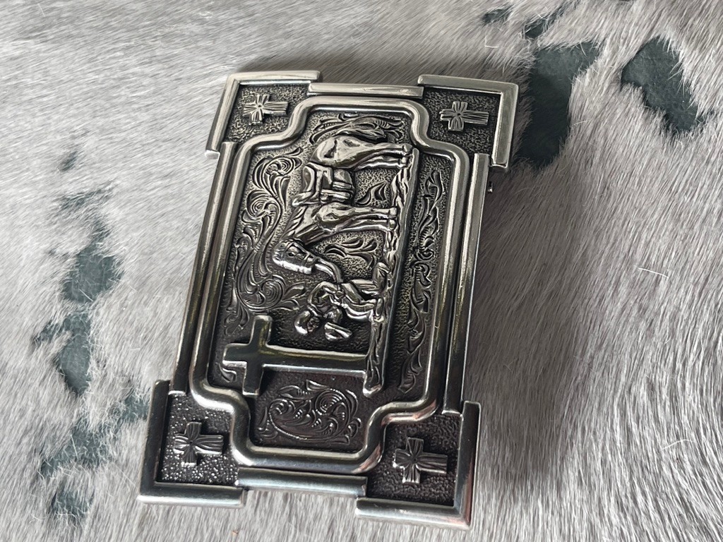 Nocona Mens Belt Buckle 3.5 x 2.5 in Cowboy Horse Cross Western Silver 1.5