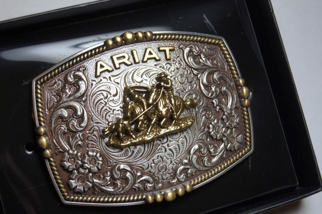 Ariat Western Belt Buckle Filigree Logo Team Roper Silver tone A37064