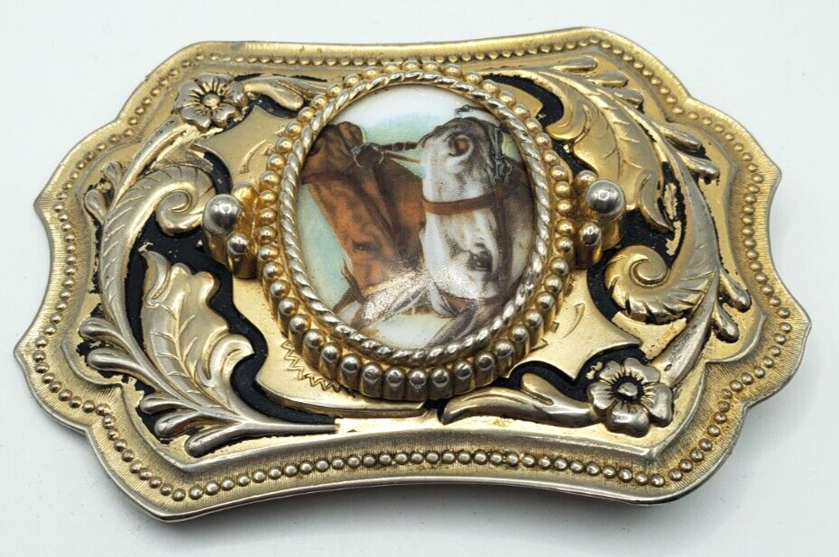 Vintage Two Horse Head Cameo Belt Buckle Equestrian Racing