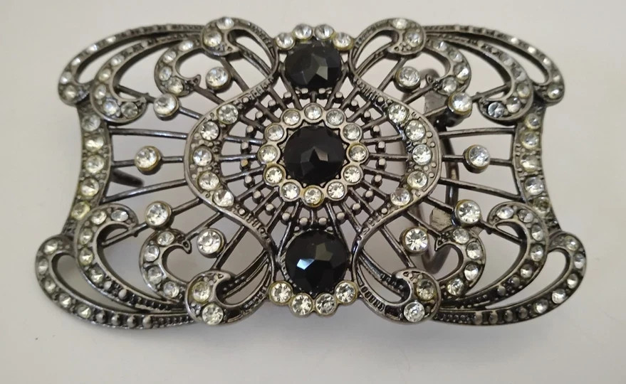 Vintage Goth Themed Metal Belt Buckle Rhinestones & Black Gems Fits 1.5 Hook