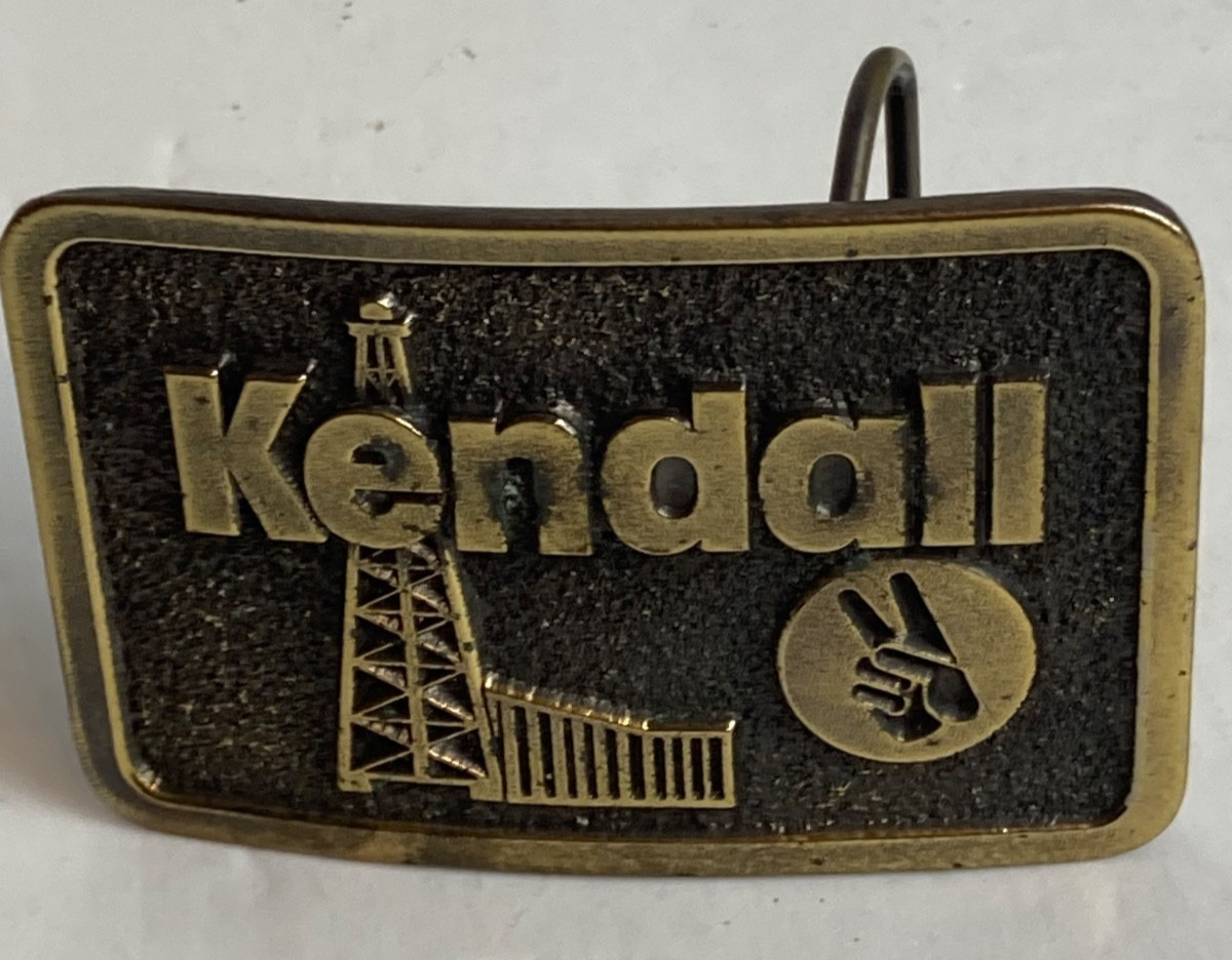 1980 Kendall Motor Oil Limited Edition Brass Tone Belt Buckle Oil Rig Vintage