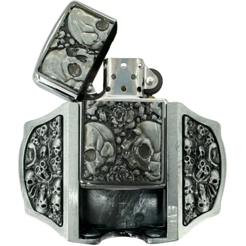 Skulls Engraved Refillable Flip Top Lighter in a Belt Buckle Combo