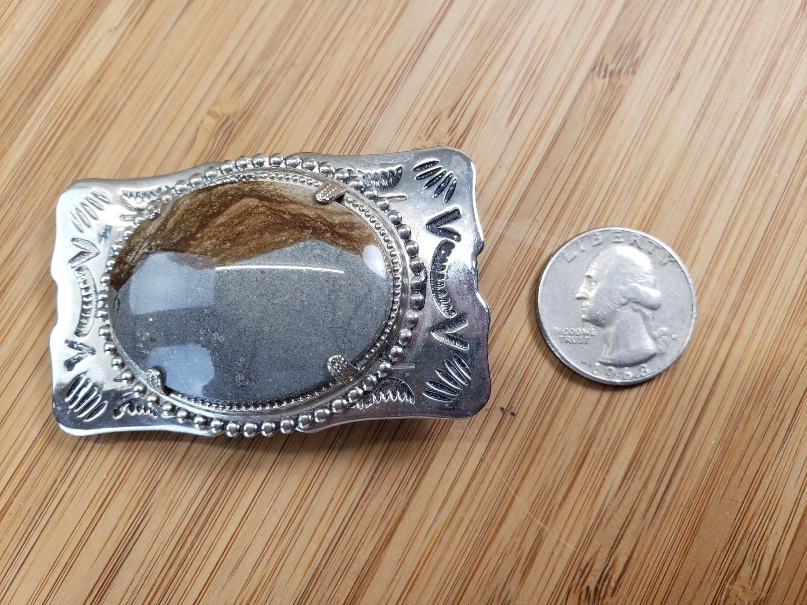 Southwestern Silver Tone Etched Picture Jasper Belt Buckle