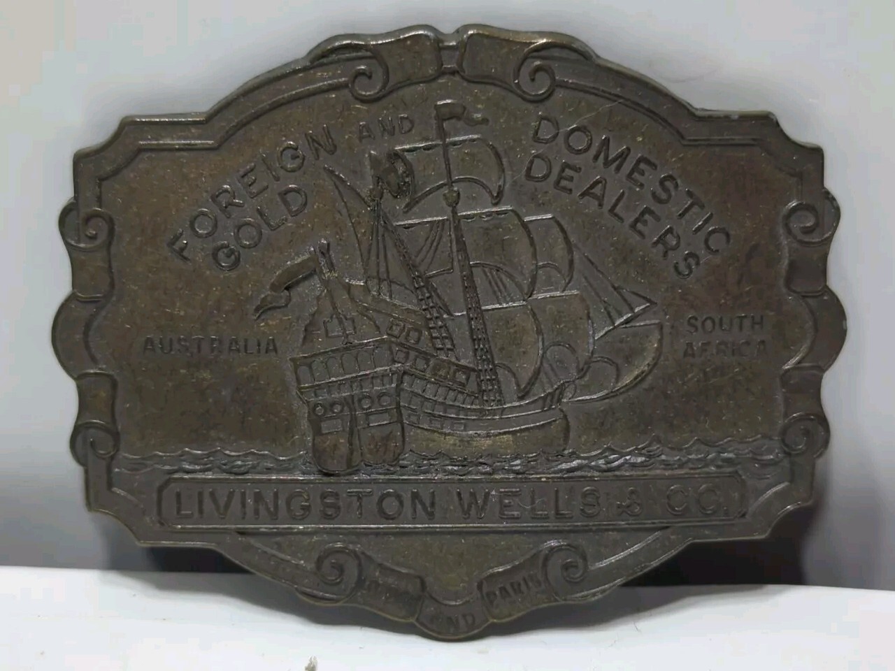 ✨VINTAGE✨Livingston Wells & Co. Foreign & Domestic Gold Dealers BELT BUCKLE Ship