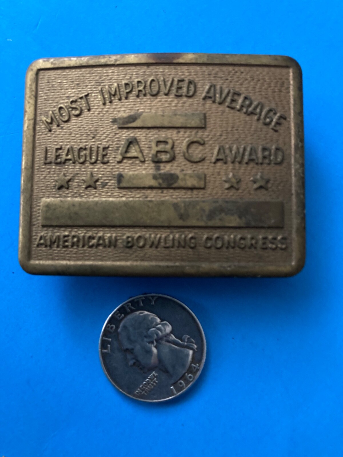 SOLID BRASS ABC Award Most Improved Average Belt Buckle American Bowling Congres