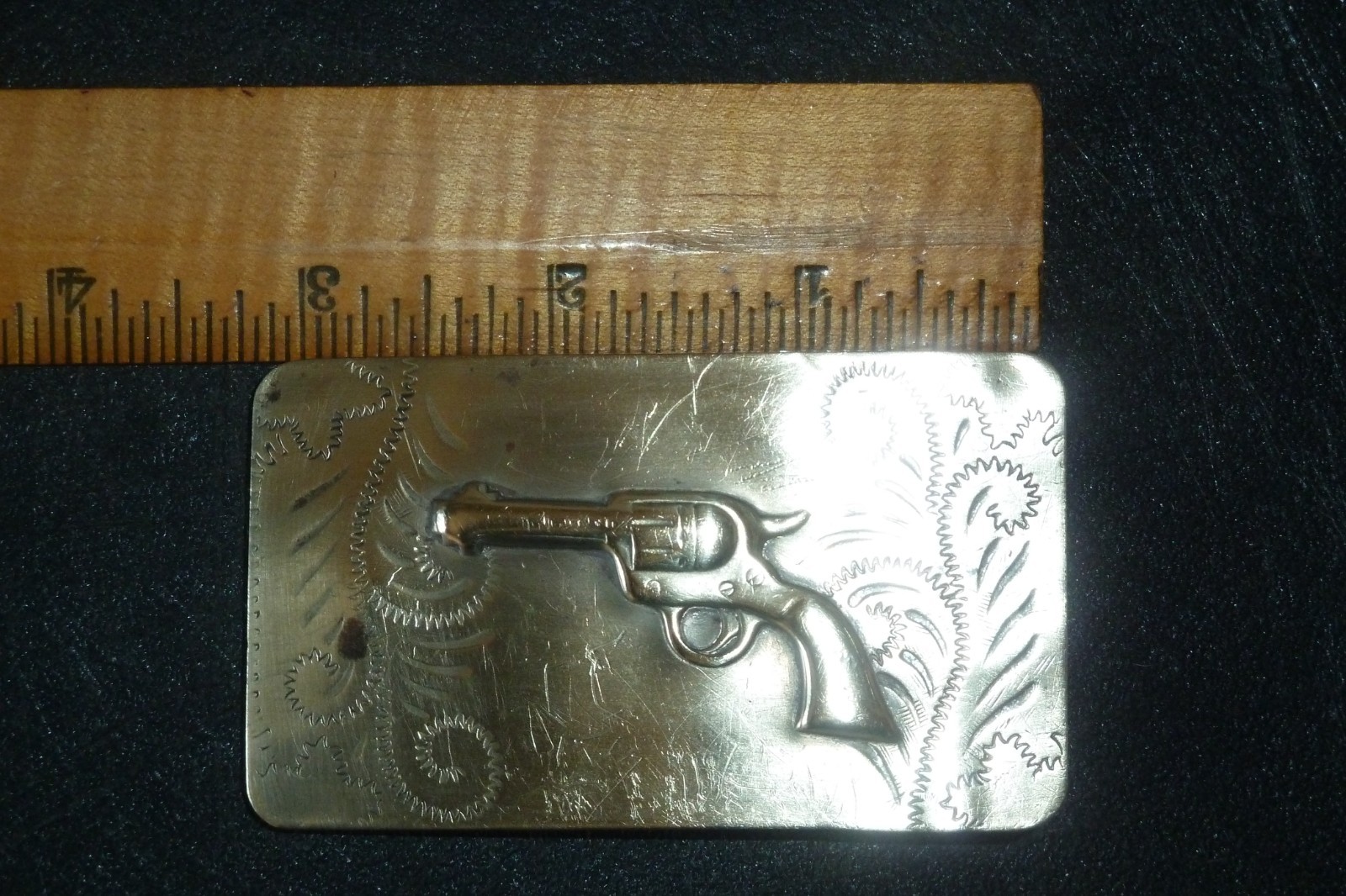 Vintage Western Brass Belt Buckle Embossed Revolver Gun Pistol Solid Bar RARE
