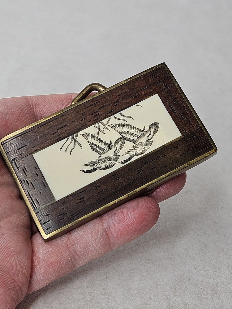 Vintage 1978 Brass Wood Duck Etched Belt Buckle