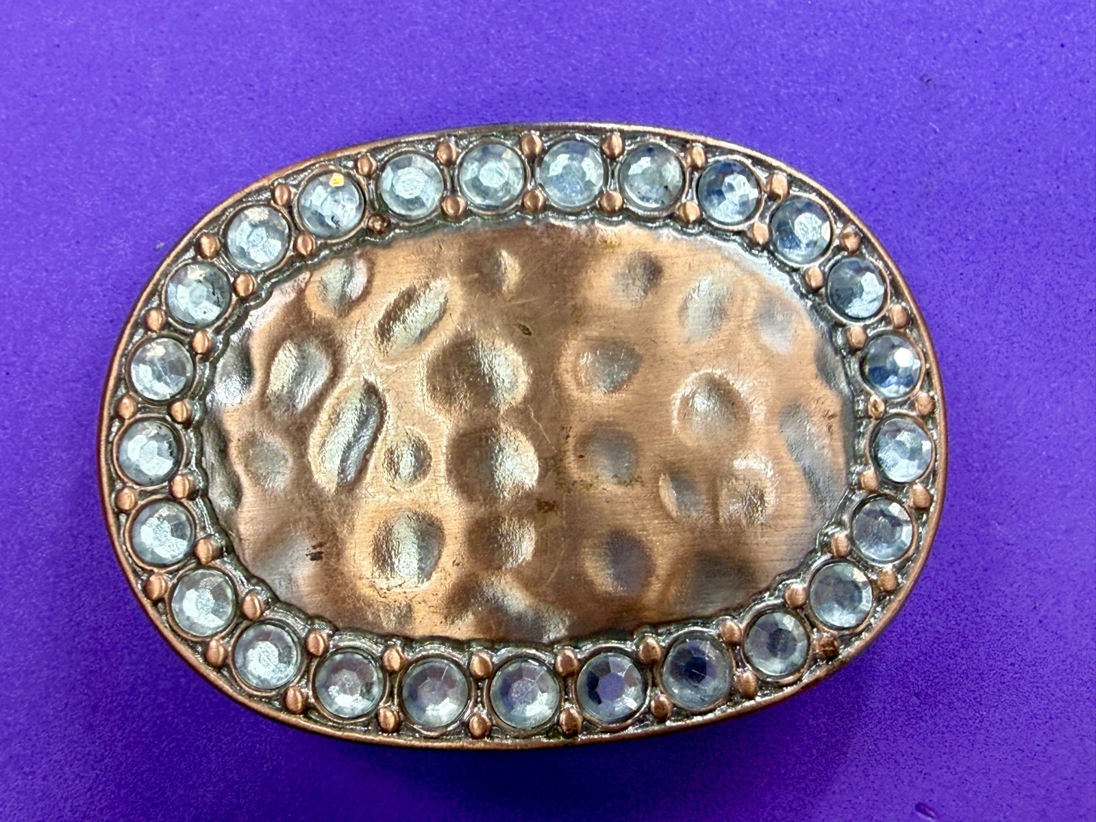 Textured Hammered Metal with Clear Rhinestone Border Modernist Belt Buckle