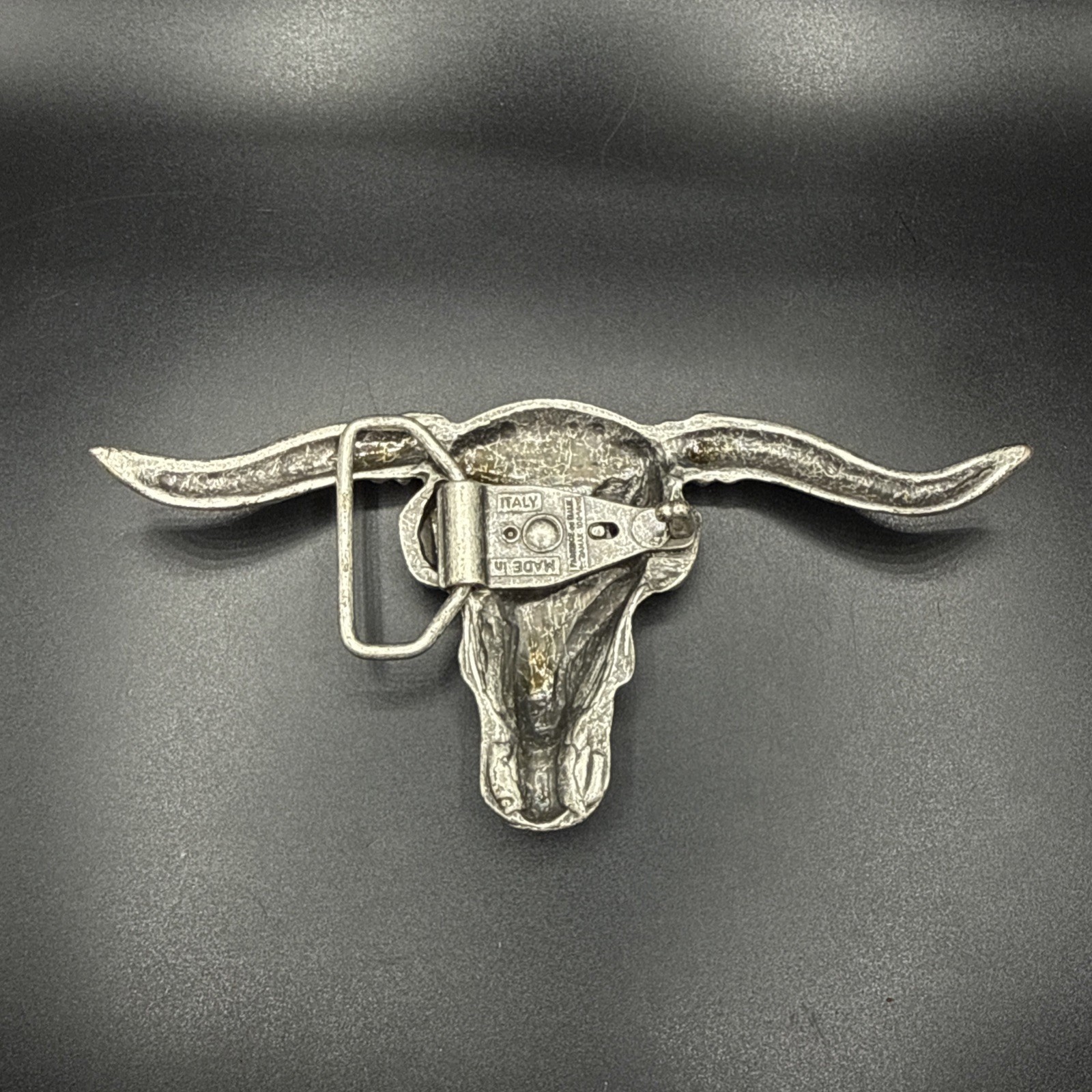 Texas Longhorn Steer Cow Skull Vintage Western Belt Buckle 6” Made In ITALY