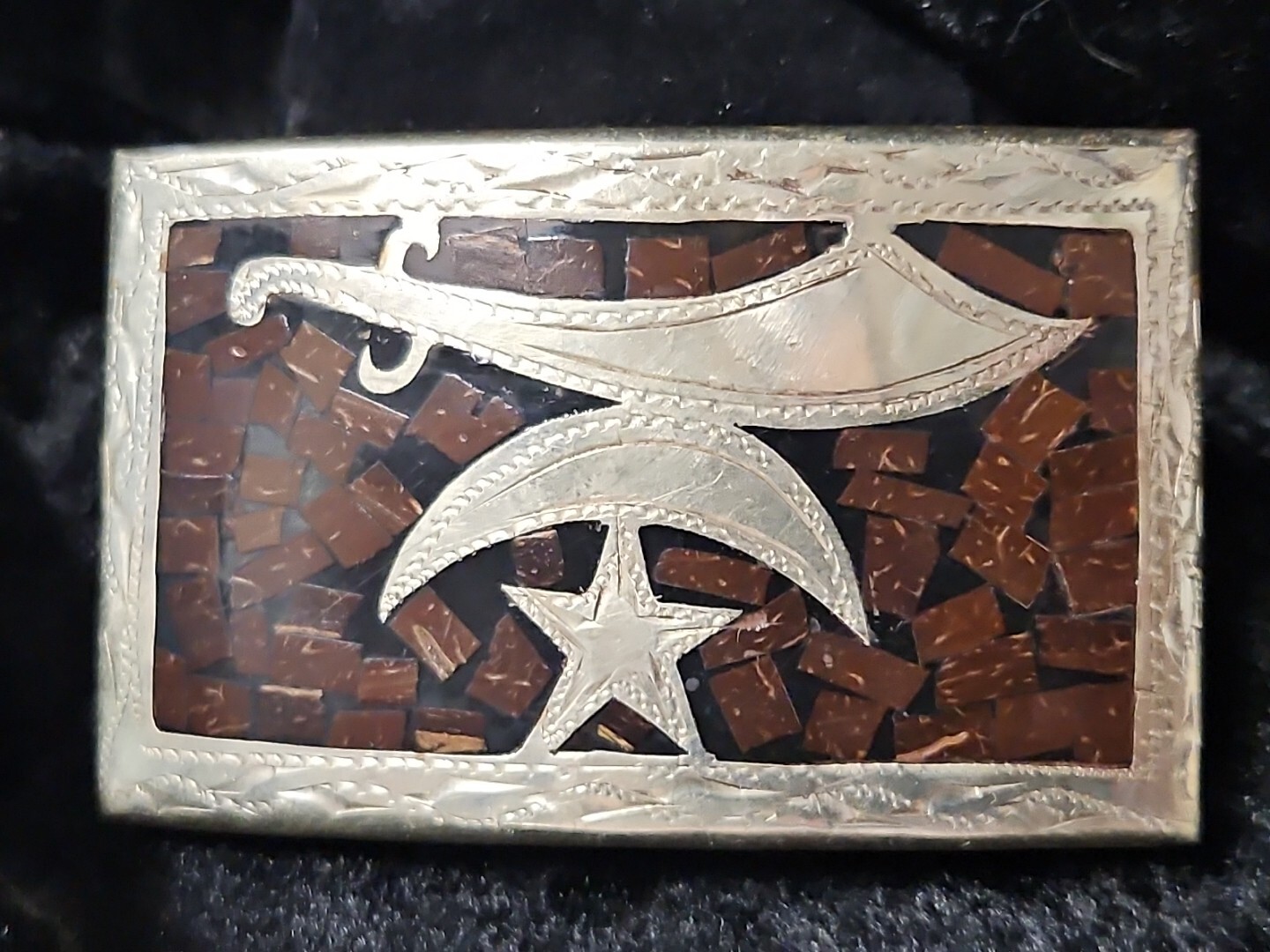 SHRINER Vintage Mexico SilverTone Brown/Black Inlay Star Sword Belt Buckle