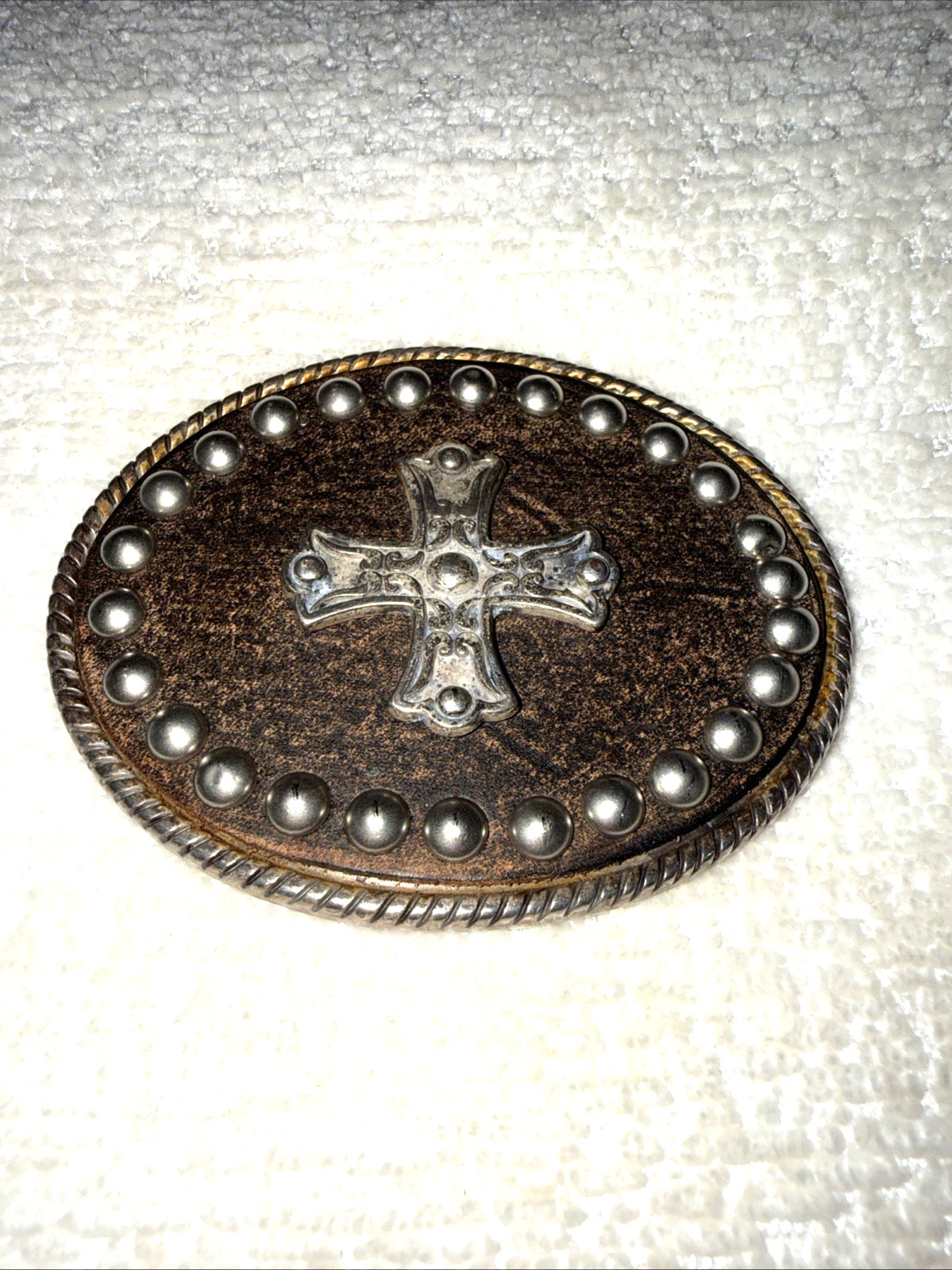 Western Cross Leather Belt Buckle Studded Engraved Oval Made In Spain 2.7 in