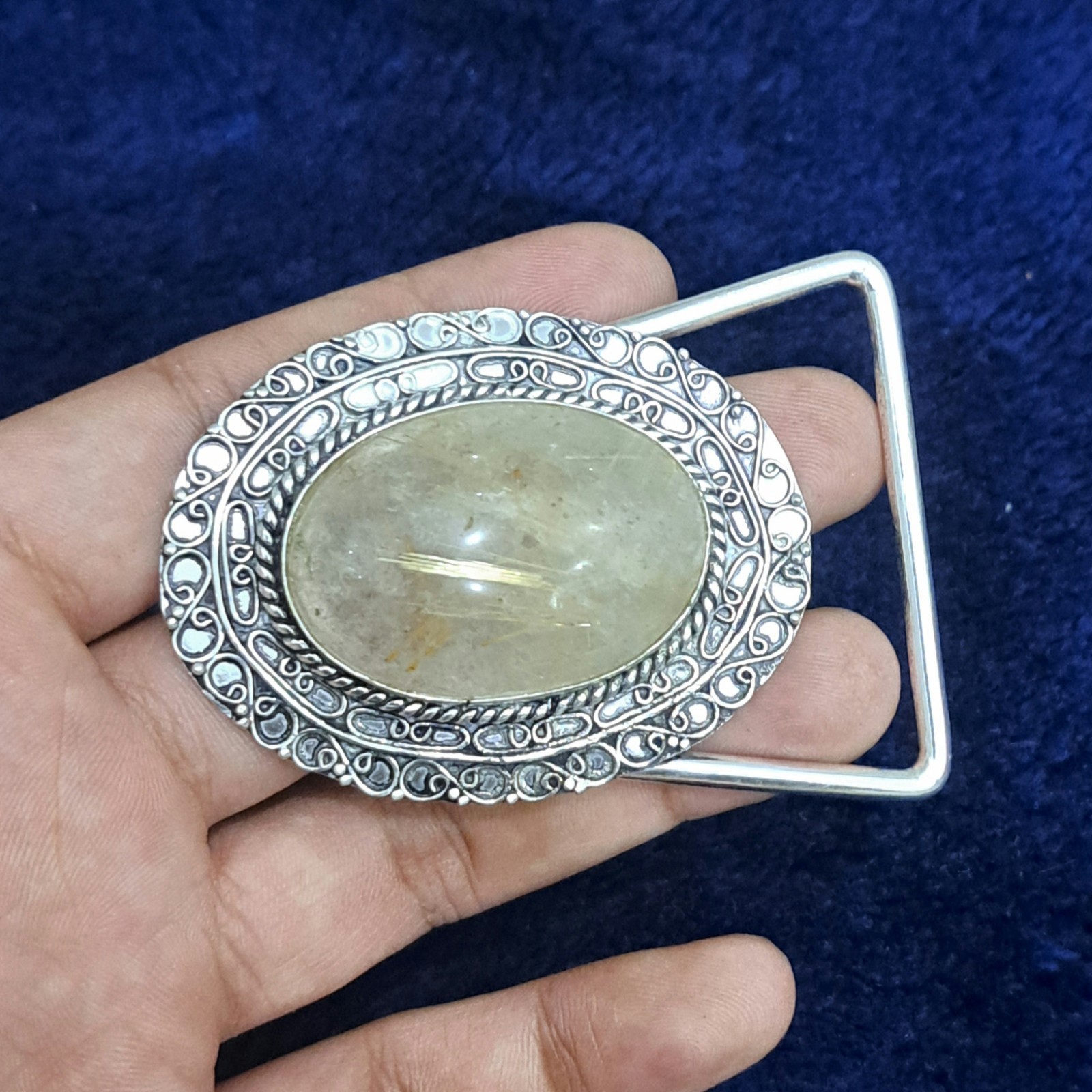 Golden Rutilated Quartz Belt Buckle Silver Plated Handmade Western Cowboy buckle