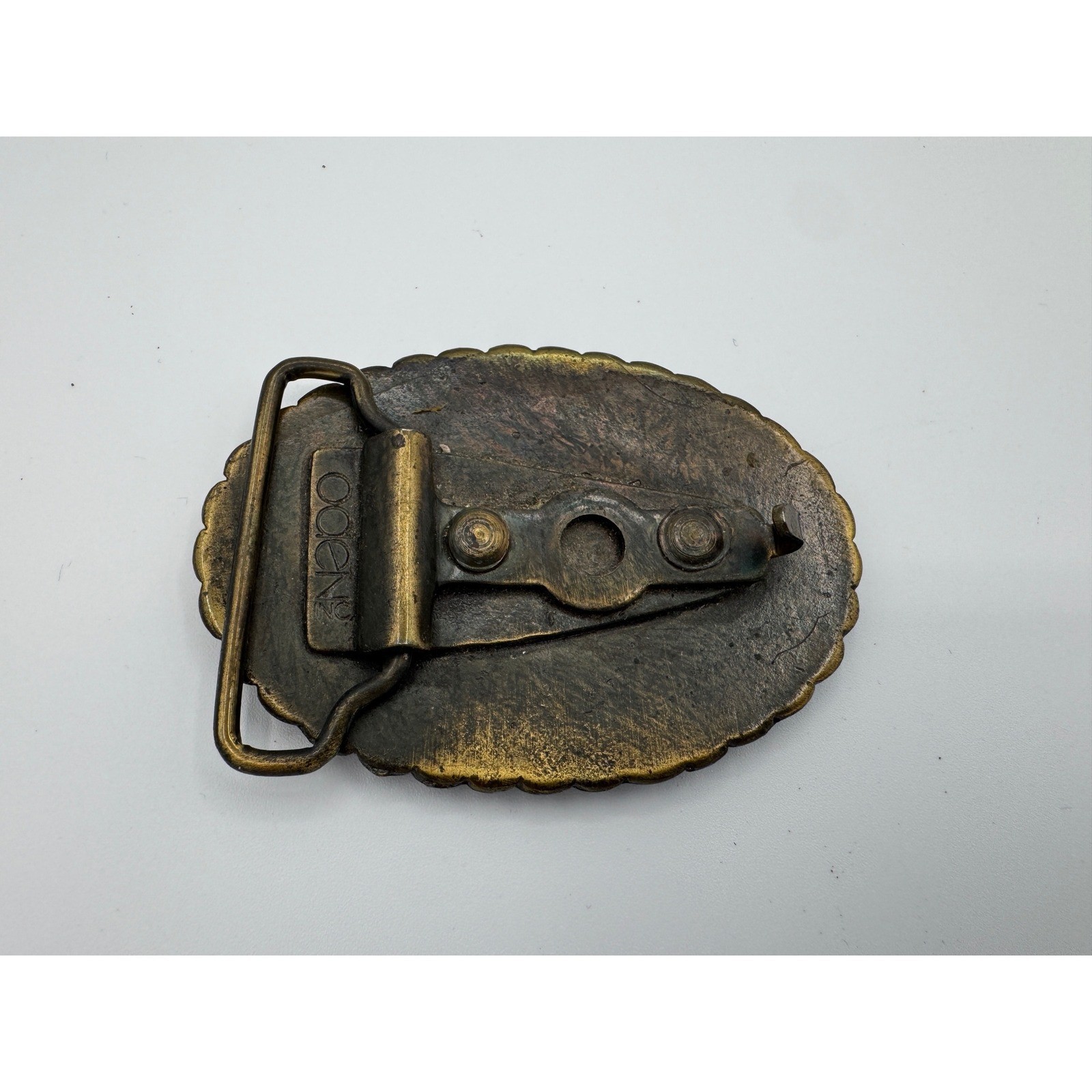 Vintage Oden Inc Brass Nautical Tall Ship Belt Buckle Oval Scrimshaw Style