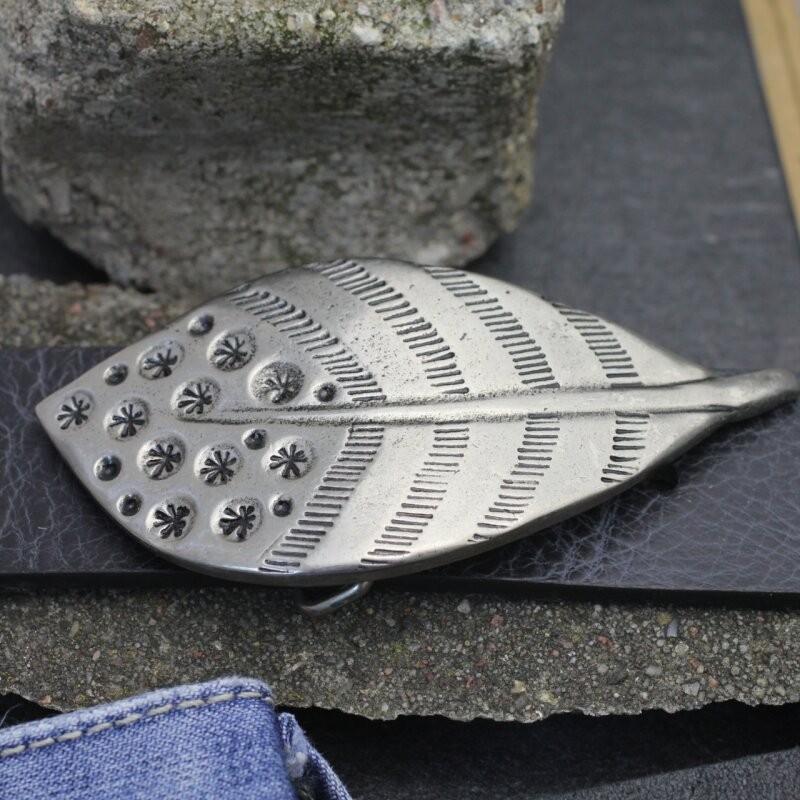 Feather belt buckle, peacock feather removable buckle dark silver-old silver