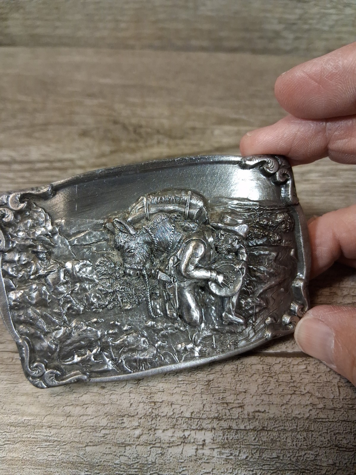 Vintage Bergamot Brass belt buckle 1984 Gold Miner, silver color Made in USA 23f
