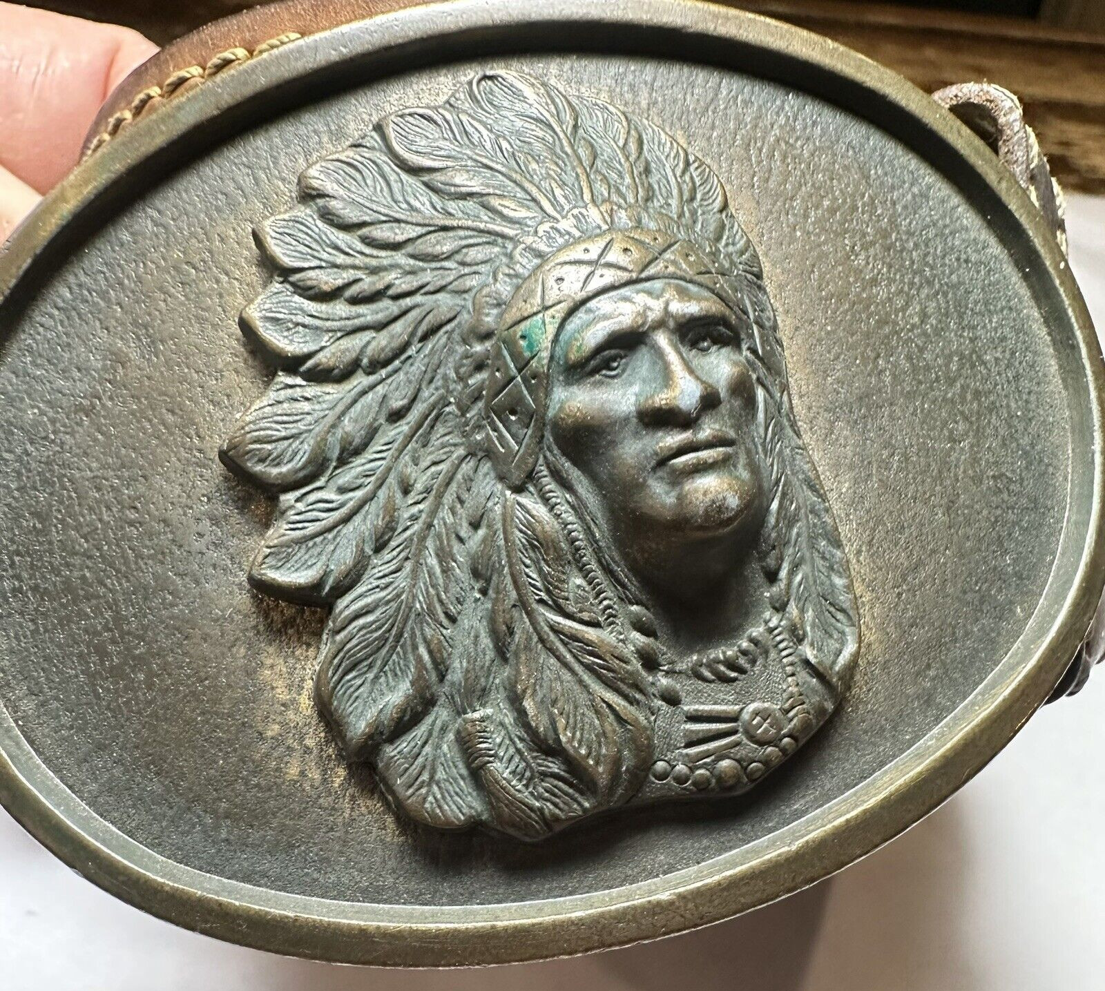 INDIAN CHIEF Belt Buckle BRASS Native American Made in USA Western Vintage VTG