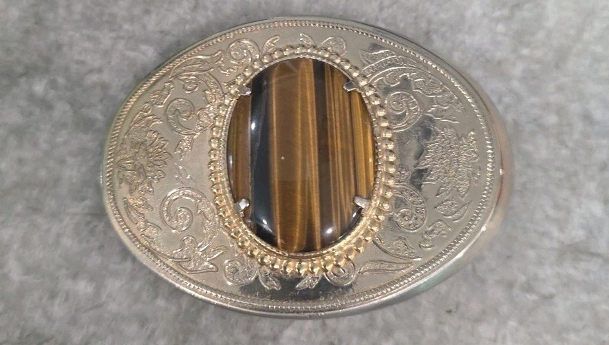 VTG Classic Western Cowboy Cabochon Tigers Eye Stone Gold-Tone Dress Belt Buckle
