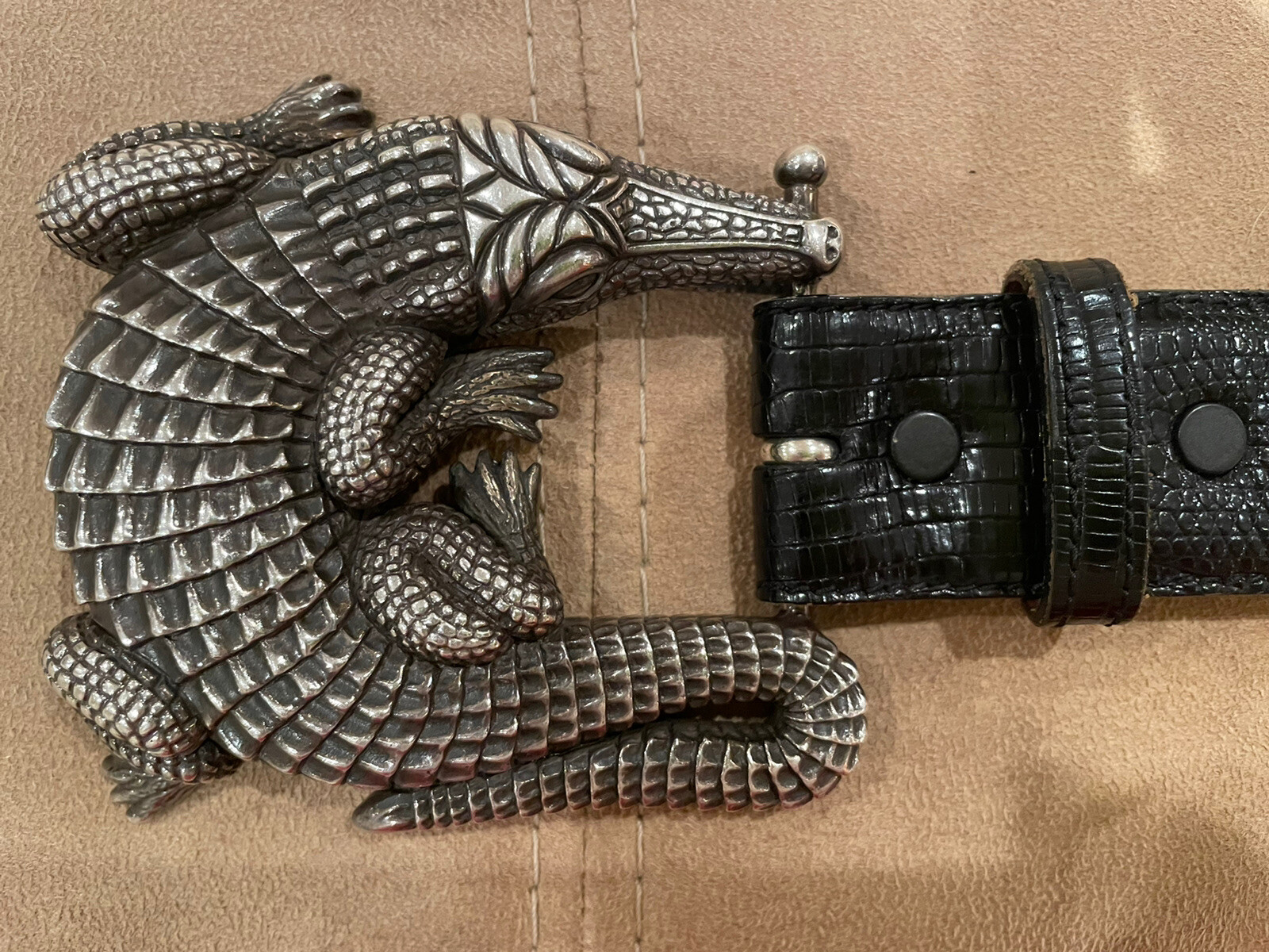 Huge Kieselstein-Cord Sterling Alligator Buckle With Black Lizard Belt Size 1