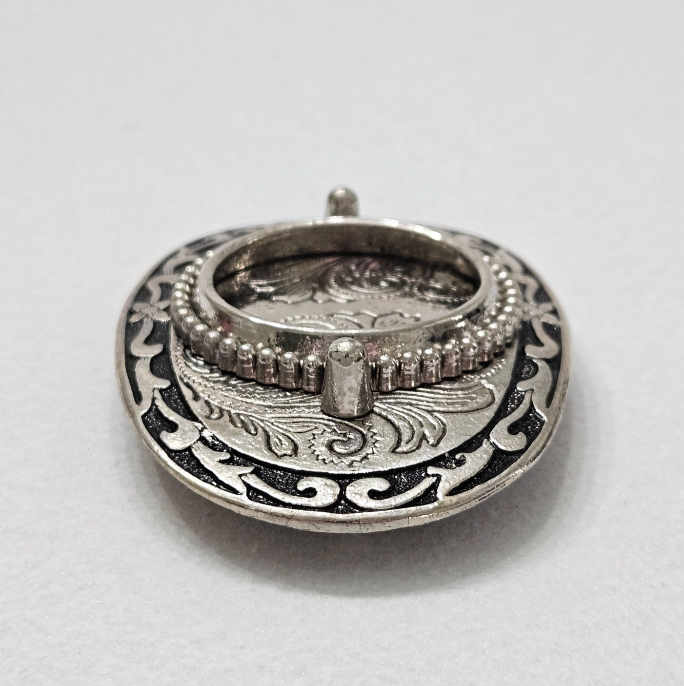 Vintage Two Tone Western Belt Buckle Coin or Stone Holder Engraved Scroll Work