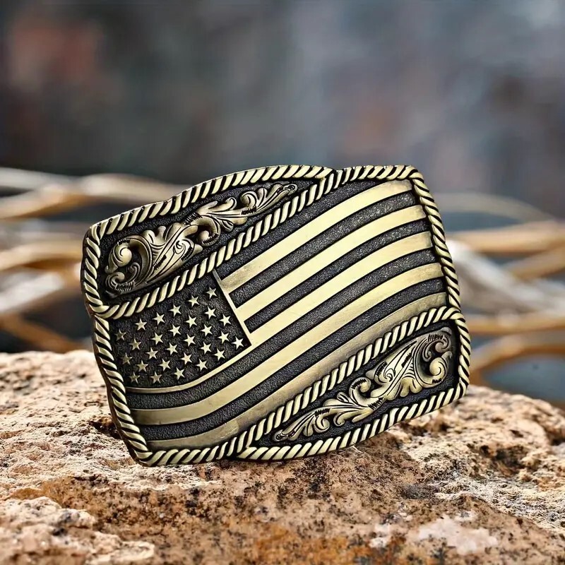 American Flag Belt Buckle, Western Cowboy, Cowgirl, Country Antique Gold Tone