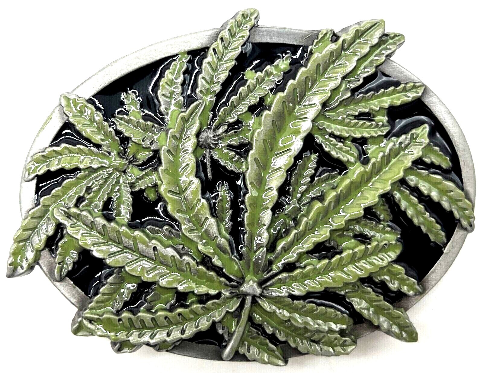 Cannabis Pot Leaf Buds Green & Black Enameled Belt Buckle New