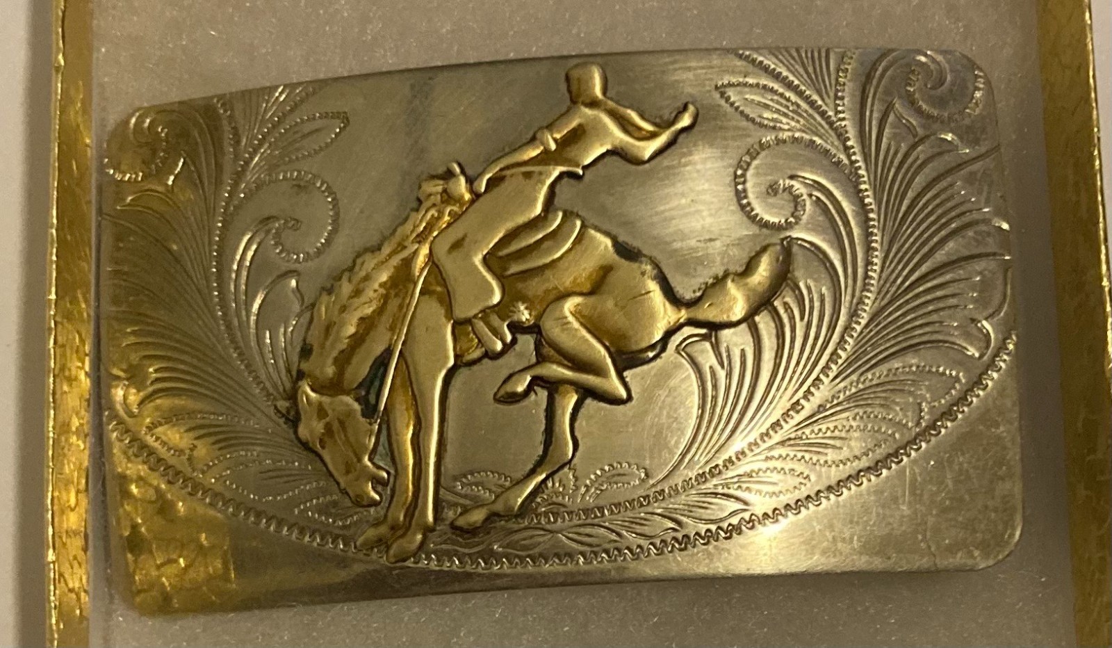 Vintage Metal Belt Buckle, Nickle Silver and Brass, Justin Belt Co, Bronco Busti