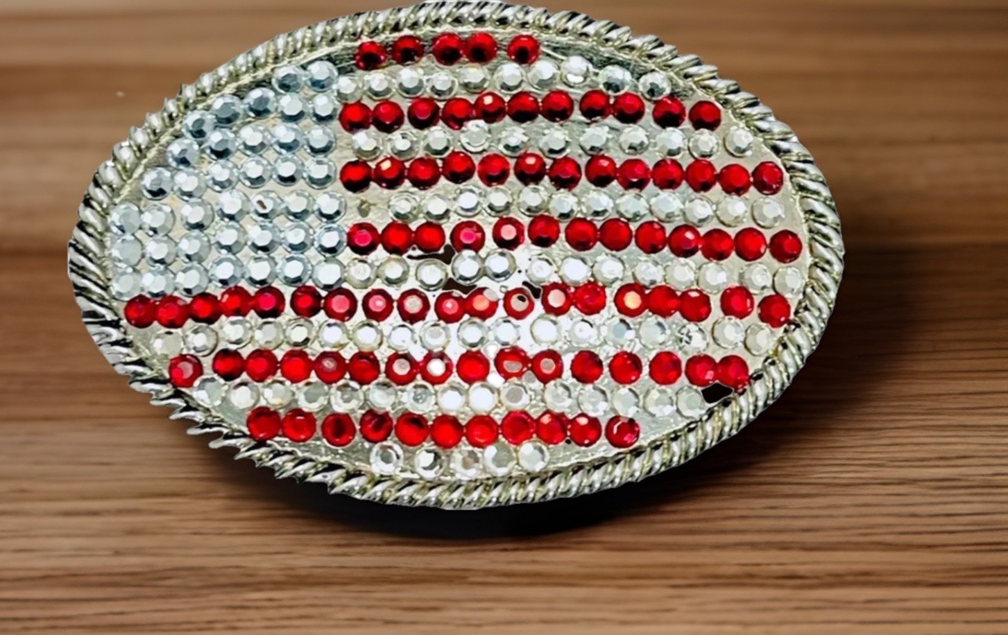 Red White Crystals Rhinestones USA American Flag Large Silver Oval Belt Buckle