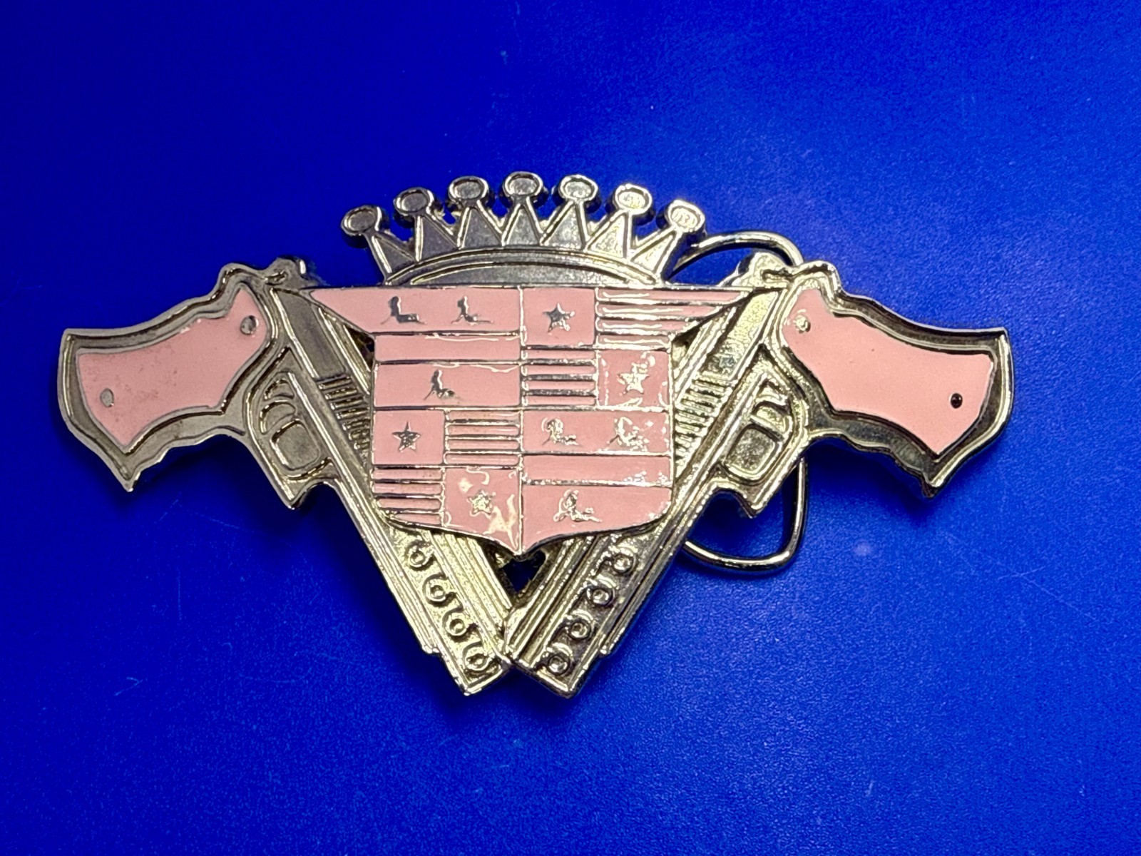 Guns Crown Shield Trucker Cadillac Grill Pink Enamel Belt Buckle Bottle Opener