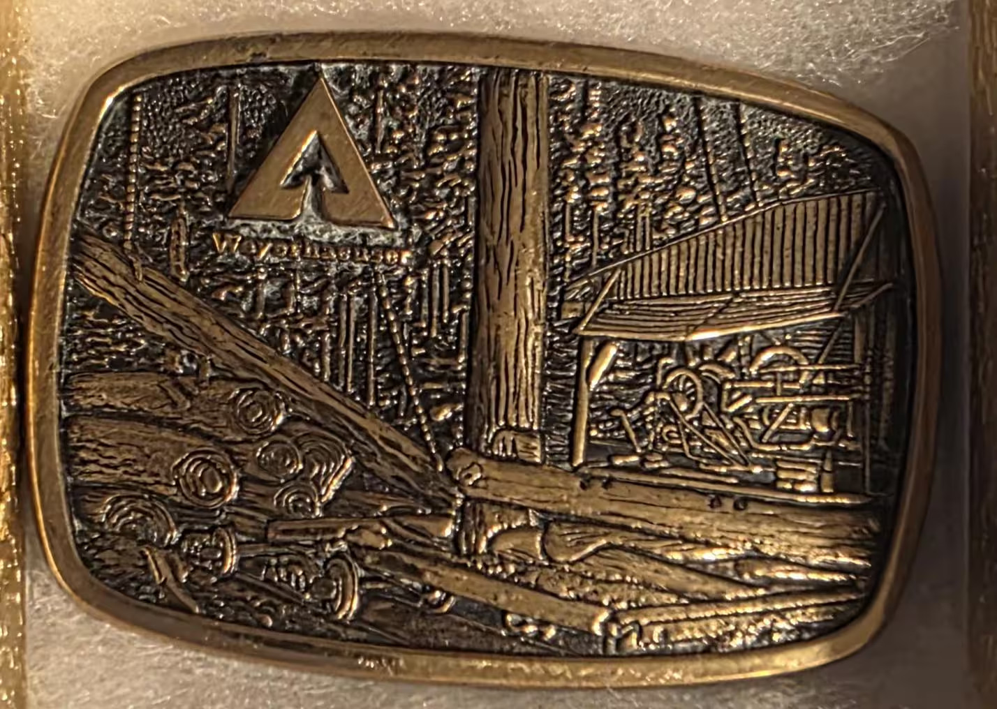 Vintage Metal Belt Buckle, Brass, Weyerhaeuser, Rothschild, Lumber, Trees, Nice