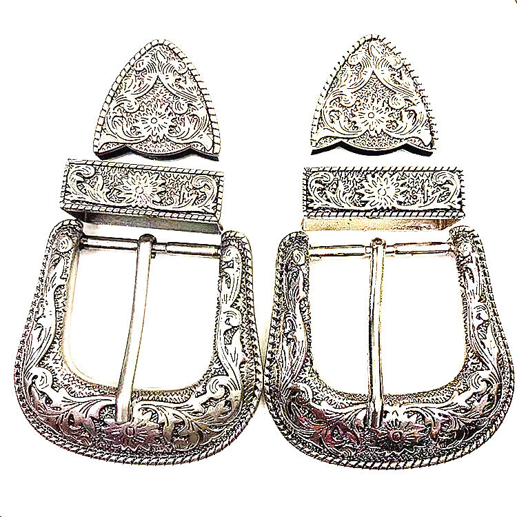 Silver Western Floral Engraved Cowboy Belt Buckle Three Piece Set Unisex 1-1/2&Prime;