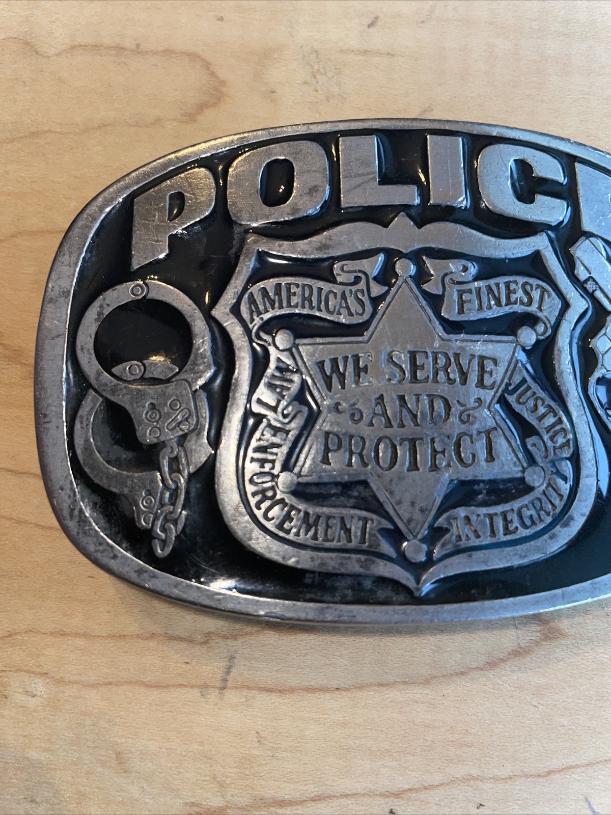 Police America Finest Law Enforcement We Serve and Protect Belt Buckle 1988 USA