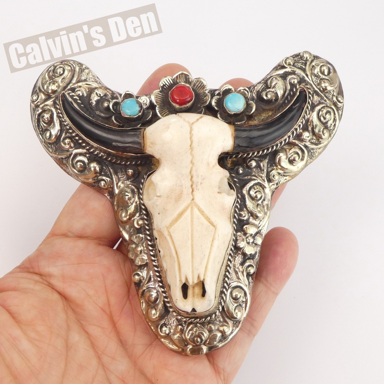 Hand Carved Bull Skull Western Floral Large Belt Buckle with Turquoise & Coral
