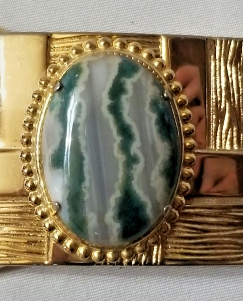 VTG Western Belt Buckle Gold Tone w/ Polished Banded Agate Stone 1.5&Prime; Belt
