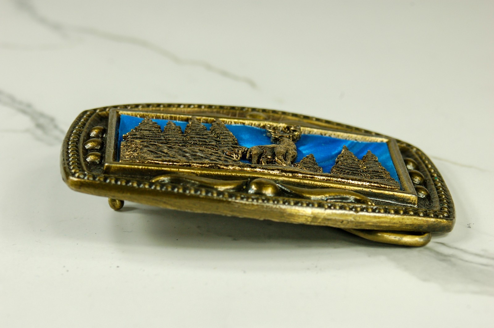 Stag and Trees in Moonlight brass belt buckle western