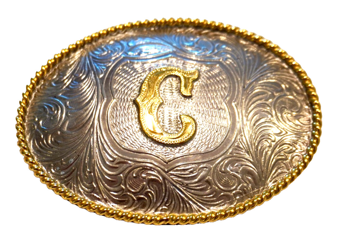 Vintage 1996 M&F Western Heritage Belt Buckle Silver Gold C Initial Monogram